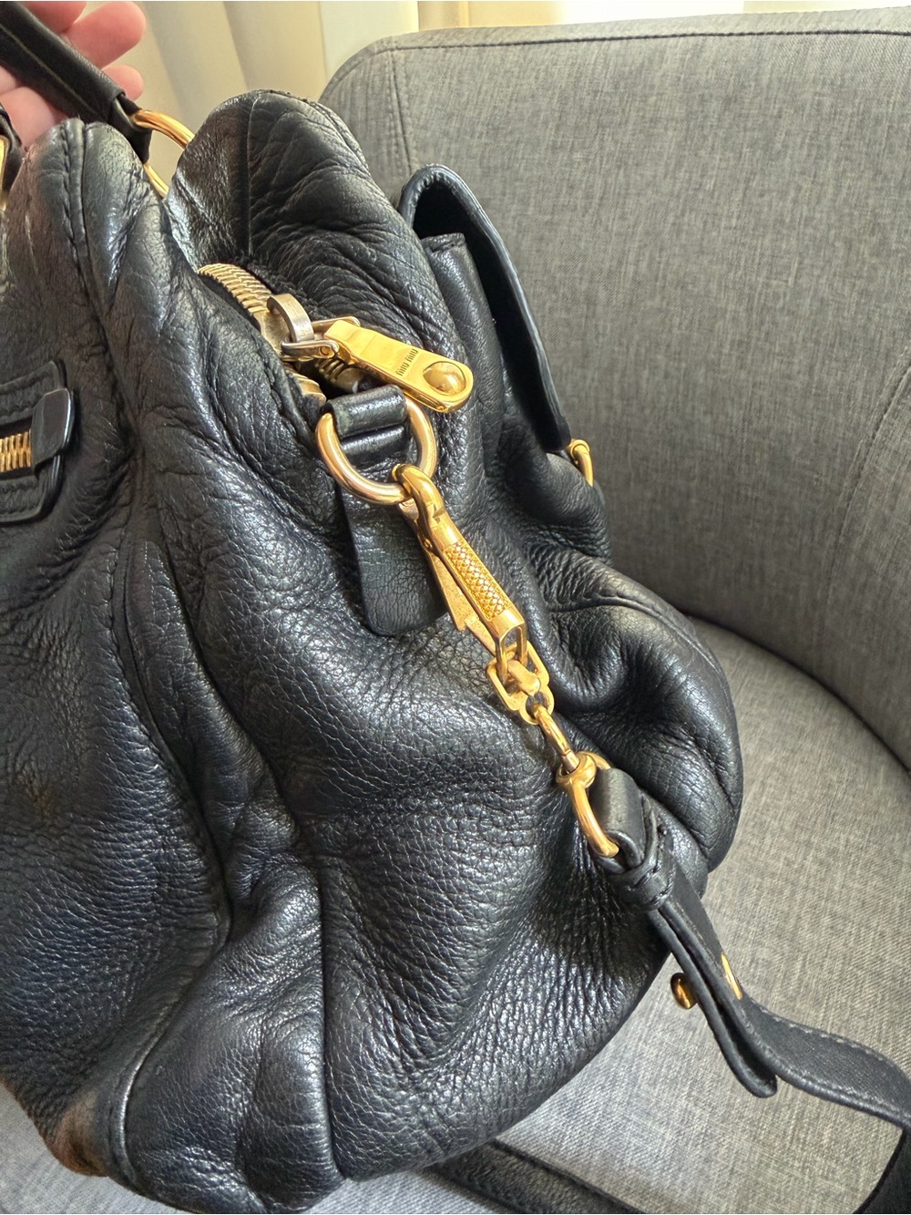 Miu Miu Black Leather Satchel with Gold Hardware Accents - Picture 3 of 9